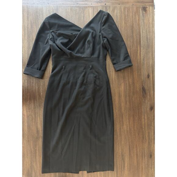 Black Halo 3/4 Sleeve Jackie in Black Stretch Gabardine Belted Sheath Dress 4 - Picture 7 of 15